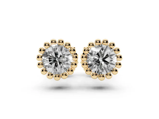 Round Lab-Grown Diamond Scalloped Solitaire Stud Earrings | Beaded Crown Head | Yellow Gold