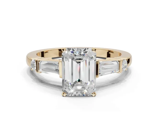 Emerald Cut Tapered Baguette Engagement Ring Setting | Bar Set Sides | Yellow Gold