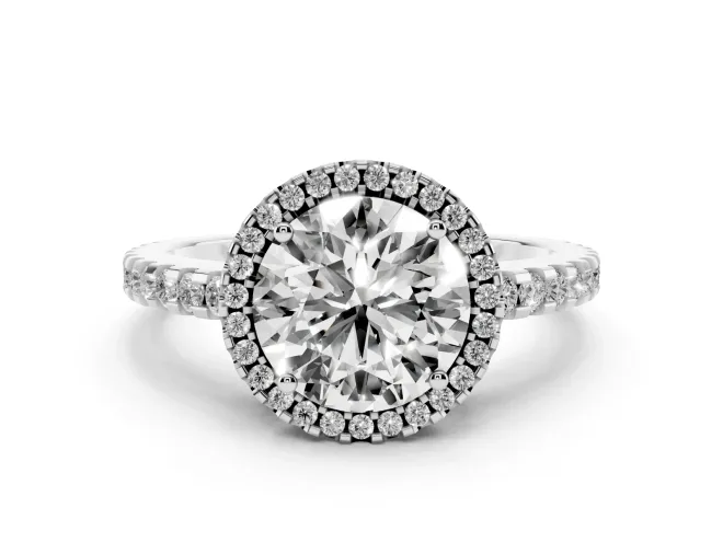 Round Cut Diamond Halo Ring Set in White gold with Pavé Shoulders and Halo-Framed Center