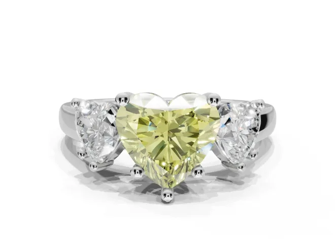 Heart-Shaped Three Stone Engagement Ring Setting for a Fancy Yellow Lab-Grown Diamond | Tapered Band | Sterling Silver