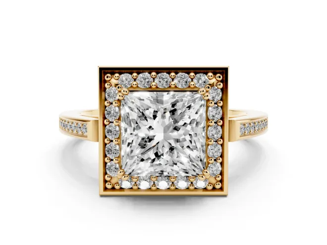 Princess Cut Diamond Halo Ring Set in Yellow gold with Accent-Lined Split Shank and Prong Setting