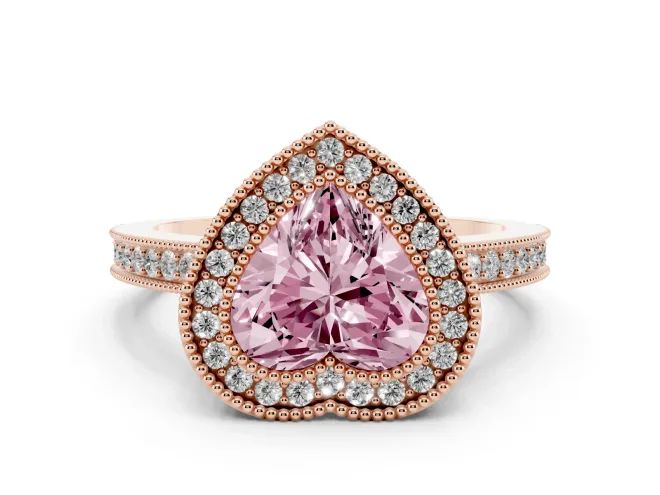 Heart-Shaped Double Milgrain Halo Engagement Ring Setting for a Fancy Pink Lab-Grown Diamond | Pavé Band | Rose Gold