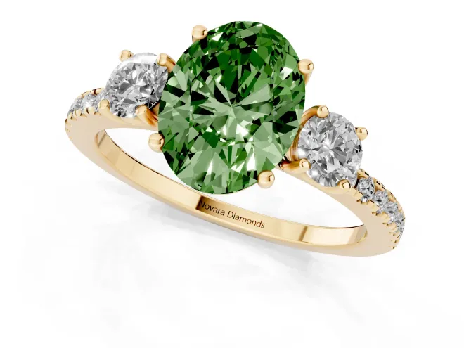 Fancy Green Oval Cut Diamond Three-Stone Ring Set in Yellow gold with Pavé Band and Graduated Sides – second view