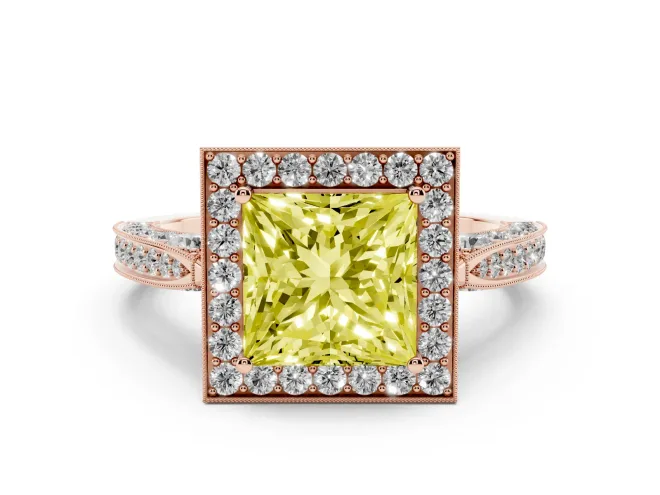 Princess Cut Milgrain Halo Engagement Ring Setting for a Fancy Yellow Lab-Grown Diamond | Side Stones | Rose Gold