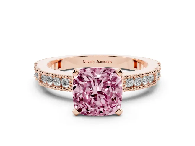 Cushion Cut Vintage Pavé Engagement Ring Setting for a Fancy Pink Lab-Grown Diamond | Rose Gold