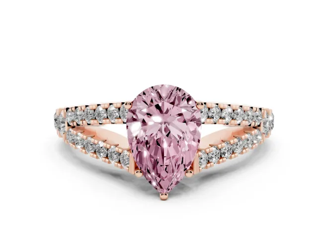 Fancy Pink Pear Cut Diamond Split Shank Pavé Engagement Ring Set in Rose gold with Prong-Held Center Stone