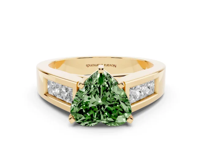 Fancy Green Heart Cut Diamond Solitaire Ring Set in Yellow gold with Channel-Set Accent Stones and Prong Setting