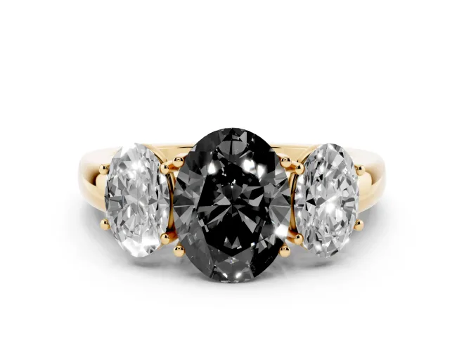 Oval Three Stone Engagement Ring Setting for a Black Center | Matching Side Stones | Yellow Gold