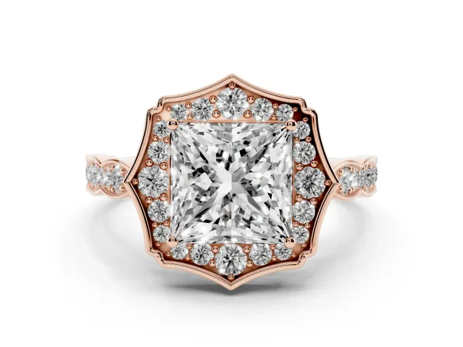 Princess Cut Diamond Halo Engagement Ring Set in Rose gold with Milgrain Band and Prong Setting