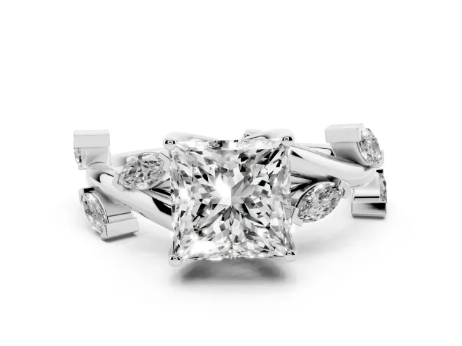 Princess Cut Diamond Solitaire Ring Set in White gold with Twisted Marquise Accent Band