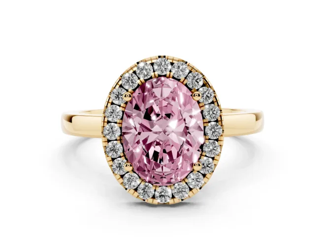 Oval Thin Halo Engagement Ring Setting for a Fancy Pink Lab-Grown Diamond | Plain Polished Band | Yellow Gold