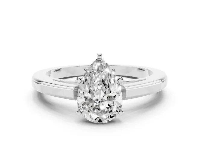 Pear Cut Diamond Solitaire Ring Set in Platinum with Prong Setting and Classic Band