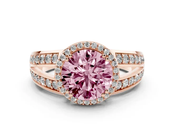 Round Halo Engagement Ring Setting for a Fancy Pink Lab-Grown Diamond | Split Shank | Rose Gold