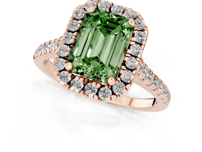 Fancy Green Emerald Cut Diamond Cushion Halo Ring Set in Rose gold with Pavé Band – second view