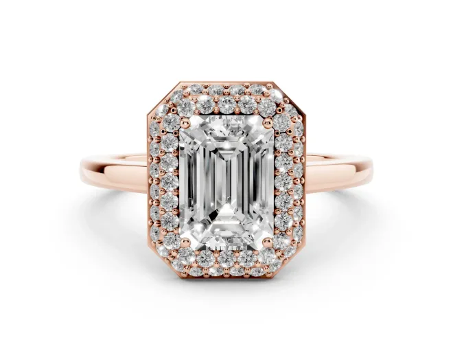 Emerald Cut Pave Halo Engagement Ring Setting | Slim Plain Band | Rose Gold