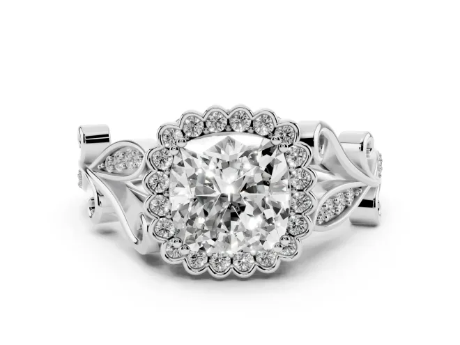 Cushion Cut Vintage Leaf Halo Engagement Ring Setting | Graduated Vine Shank | White Gold