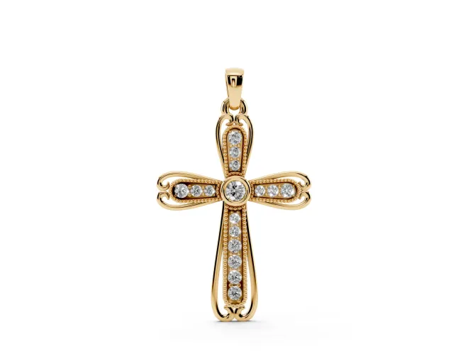 Round Lab-Grown Diamond Bezel Milgrain Cross Pendant Necklace | Scrolled Outline | Yellow Gold