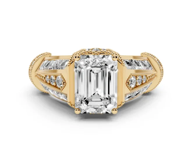 Emerald Cut Vintage Milgrain Engagement Ring Setting | Hidden Halo | Yellow Gold