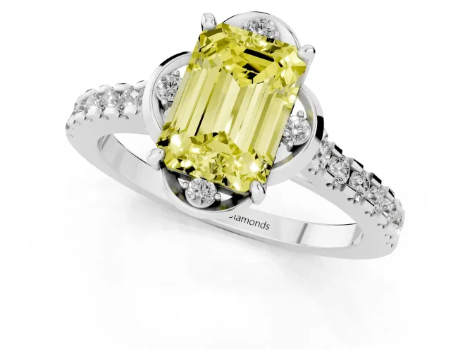 Fancy Yellow Emerald Cut Diamond Solitaire Ring Set in Platinum with Pavé Band and Floral Prong Setting – second view