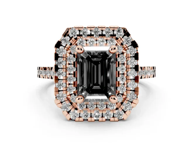 Emerald Cut Double Halo Engagement Ring Setting for a Black Center | Pavé Shoulders | Rose Gold