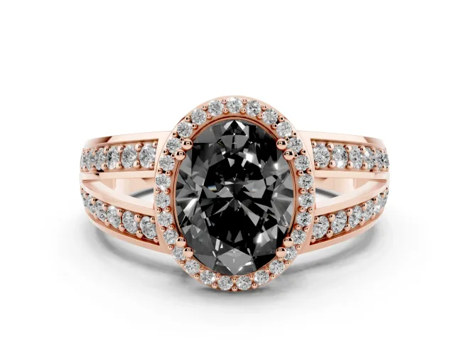 Fancy Black Oval Cut Diamond Halo Ring Set in Rose gold with Double Pavé Split Shank