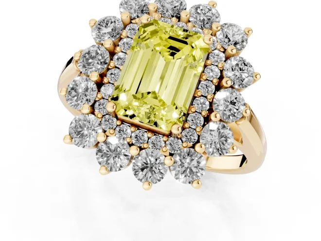 Fancy Yellow Emerald Cut Diamond Floral Double Halo Ring Set in Yellow gold with Round Petals – second view