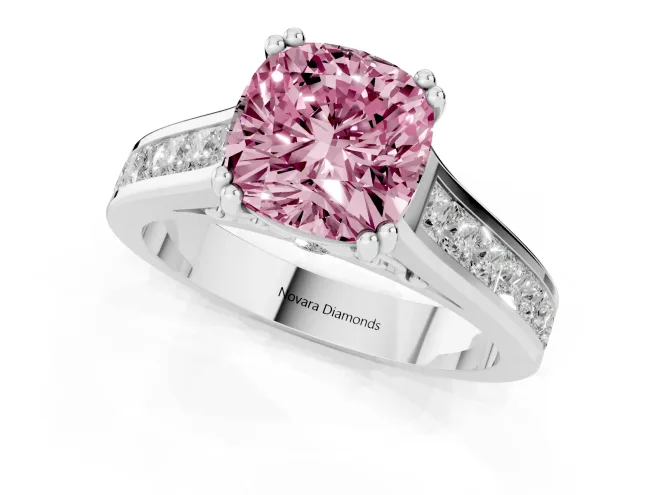 Fancy Pink Cushion Cut Diamond Channel Set Solitaire Engagement Ring Set in White gold with Prong Setting – second view