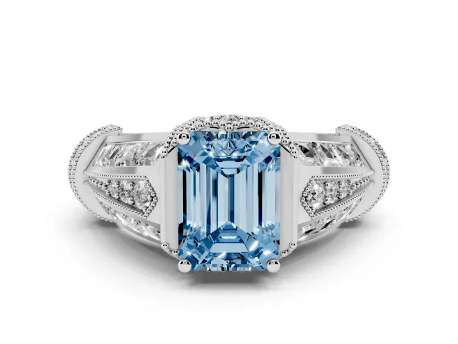 Fancy Blue Emerald Cut Diamond Vintage-Inspired Milgrain Ring Set in Platinum with Accent Split Shank