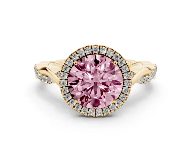 Round Twist Halo Engagement Ring Setting for a Fancy Pink Lab-Grown Diamond | Yellow Gold