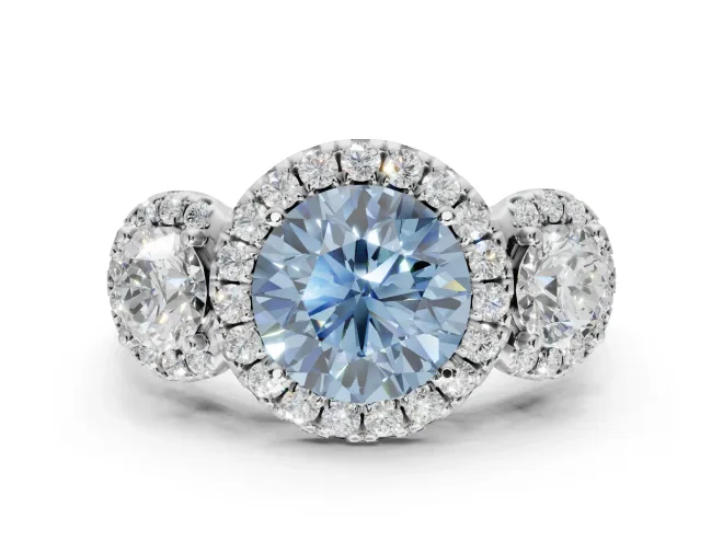 Round Three Stone Halo Engagement Ring Setting for a Fancy Blue Lab-Grown Diamond | White Gold