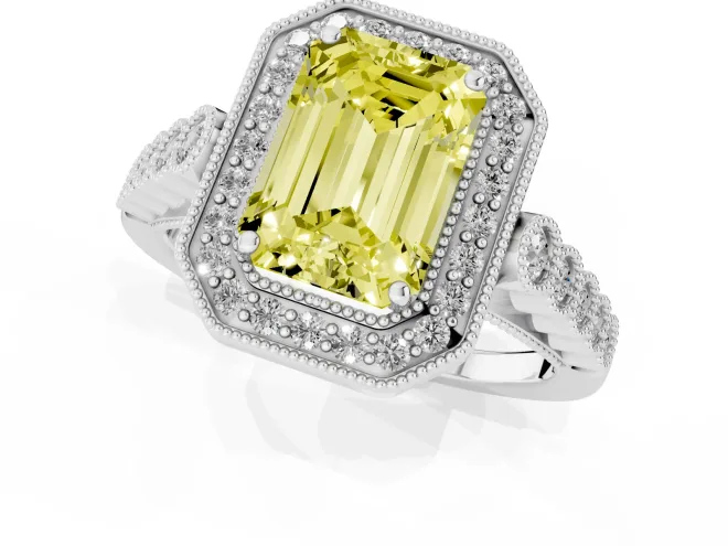 Fancy Yellow Emerald Cut Diamond Milgrain Halo Solitaire Ring Set in Platinum with Bezel Set Side Stones and Pavé Band – second view