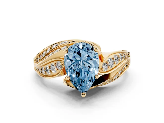 Fancy Blue Pear Cut Diamond Solitaire Ring Set in Yellow gold with Layered Twist Pavé Band