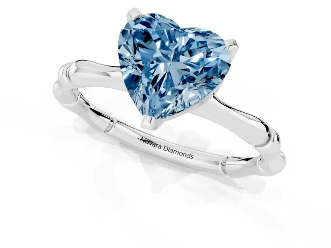 Fancy Blue Heart Cut Diamond Solitaire Ring Set in Silver with Bamboo Band and Prong Setting – second view