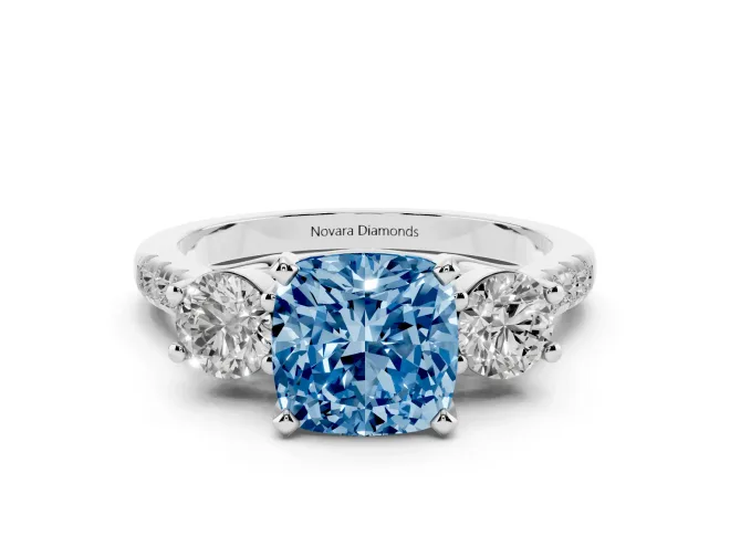 Cushion Cut Three-Stone Engagement Ring Setting for a Fancy Blue Lab-Grown Diamond | Sterling Silver