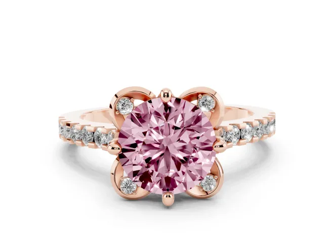 Fancy Pink Round Cut Diamond Solitaire Ring Set in Rose gold with Pavé Band and Floral Prong Setting