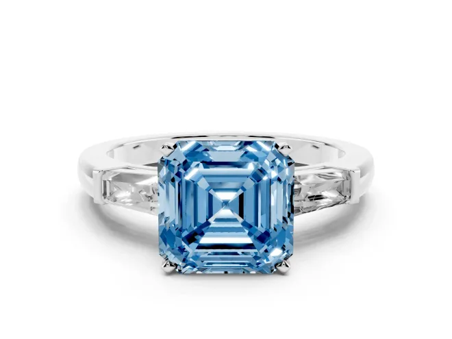 Asscher Cut Three Stone Engagement Ring Setting for a Fancy Blue Lab-Grown Diamond | Tapered Baguettes | Sterling Silver
