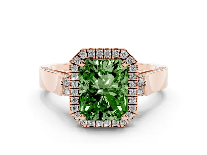 Radiant Cut Halo Engagement Ring Setting for a Fancy Green Lab-Grown Diamond | Pavé Panel Shoulders | Rose Gold