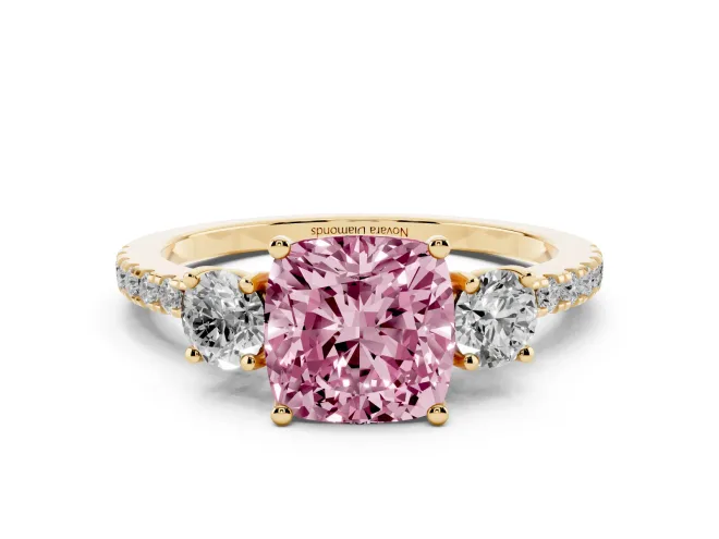 Cushion Cut Three Stone Engagement Ring Setting for a Fancy Pink Lab-Grown Diamond | Pavé Shoulders | Yellow Gold