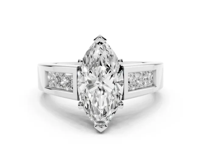 Marquise Cut Diamond Solitaire Ring Set in Silver with Channel-Set Accent Stones and Prong Setting