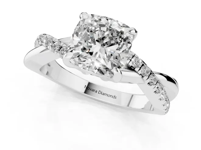 Cushion Cut Diamond Twist Band Solitaire Set in White gold with Pavé Accents and Prong Setting – second view