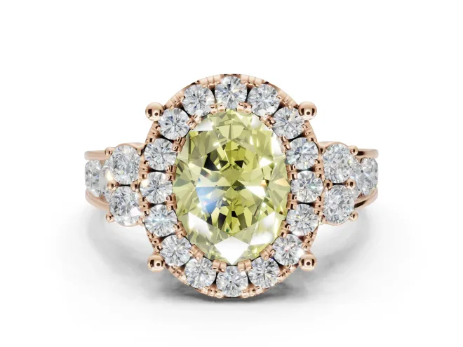 Oval Halo Engagement Ring Setting for a Fancy Yellow Lab-Grown Diamond | Side Clusters | Rose Gold