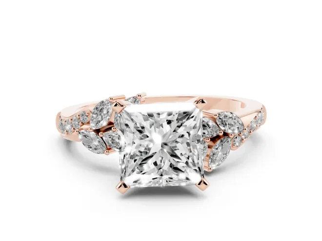 Princess Cut Floral Engagement Ring Setting | Marquise Side Stones | Rose Gold