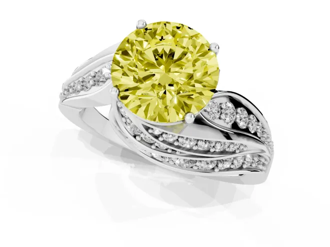 Fancy Yellow Round Cut Diamond Solitaire Ring Set in White gold with Layered Twist Pavé Band – second view