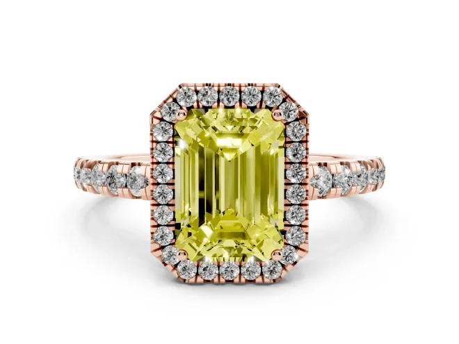 Fancy Yellow Emerald Cut Diamond Halo Ring Set in Rose gold with Delicate Pavé Band and Prong Setting
