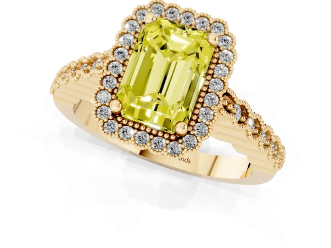 Fancy Yellow Radiant Cut Diamond Halo Ring Set in Yellow gold with Pavé Milgrain Band – second view