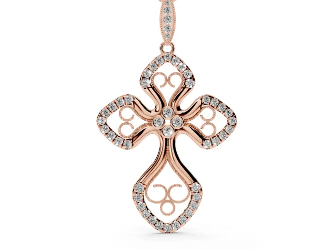 Round Lab-Grown Diamond Graduated Filigree Cross Pendant Necklace | Milgrain Edges | Rose Gold