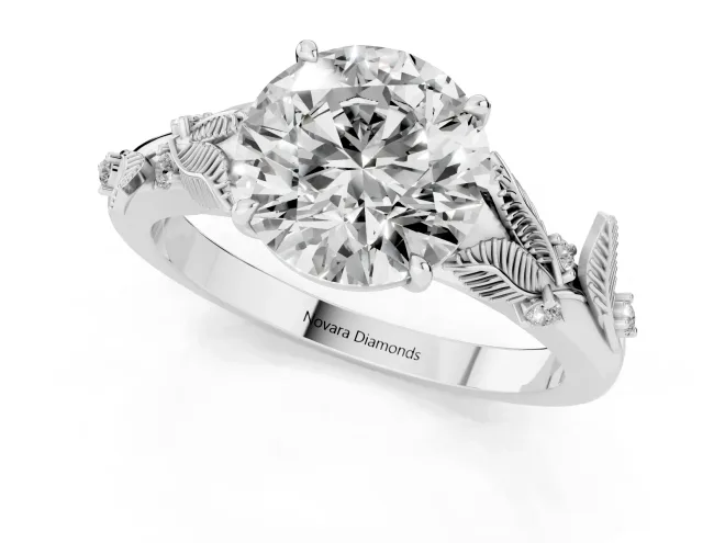 Round Cut Diamond Solitaire Ring Set in White gold with Leaf Motif Band – second view