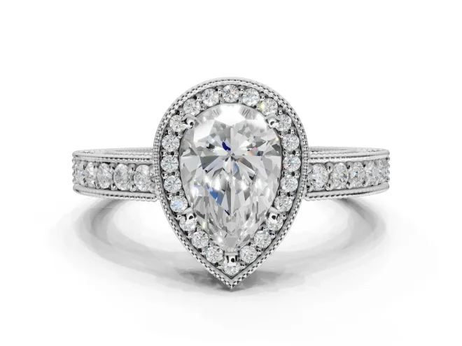 Pear-Shaped Vintage Milgrain Halo Engagement Ring Setting | Wide Pavé Band | White Gold