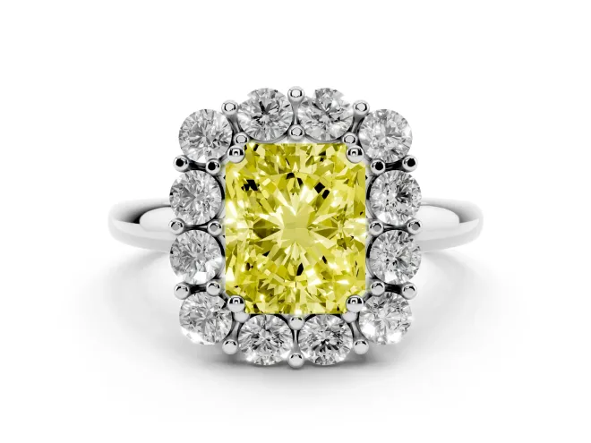 Radiant Cut Cluster Halo Engagement Ring Setting for a Fancy Yellow Lab-Grown Diamond | Large Round Accents | White Gold