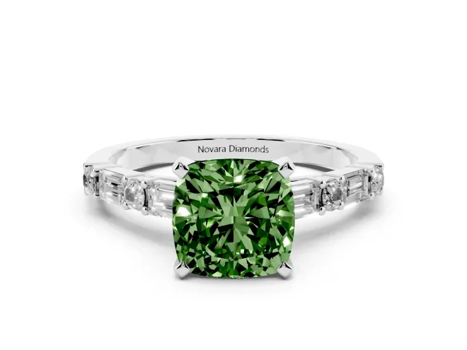 Cushion Cut Baguette Side Stone Engagement Ring Setting for a Fancy Green Lab-Grown Diamond | White Gold